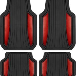Motor Trend ChromeTech Car Floor Mats Full Set - Durable Rubber Floor Mats for Cars with Two Tone Accent, All Weather Interior Protection for Front and Rear with Non-Slip Backing, Red Chrome