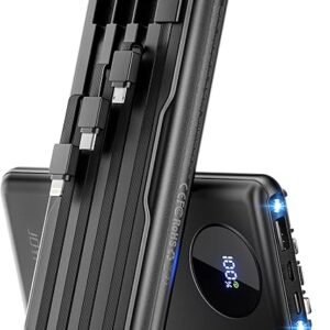 Portable-Charger-Power-Bank Travel Essentials Battery Pack USB C 10000mAh Built in Cable 22.5W Phone Fast Charging Powerbank Compatible with iPhone 16 15 14 13 12 11 iPad Samsung Google (Black)