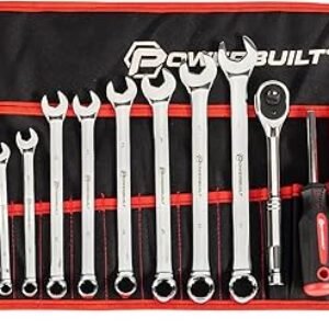 Powerbuilt 100 Piece Motorcycle Tool Kit with Roll Pouch, Roadside, Travel Wrenches, Ratchet, Sockets - 643028ECE