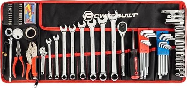 Powerbuilt 100 Piece Motorcycle Tool Kit with Roll Pouch, Roadside, Travel Wrenches, Ratchet, Sockets - 643028ECE
