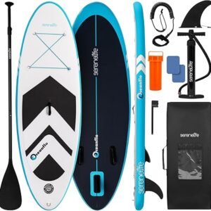 SereneLife 7'9" Kids Inflatable Stand Up Paddle Board - SUP for Youth with Single-Action Pump, Adjustable Paddle & Backpack - 30” Wide Stable Design with Non-Slip EVA Deck Pad, Ages 5+, 200lb Capacity