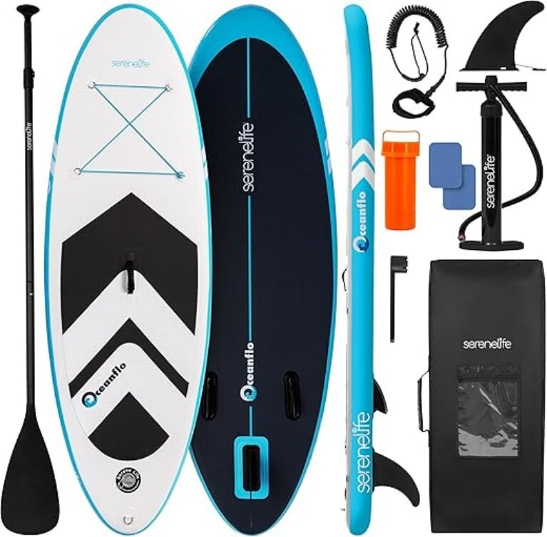 SereneLife 7'9" Kids Inflatable Stand Up Paddle Board - SUP for Youth with Single-Action Pump, Adjustable Paddle & Backpack - 30” Wide Stable Design with Non-Slip EVA Deck Pad, Ages 5+, 200lb Capacity