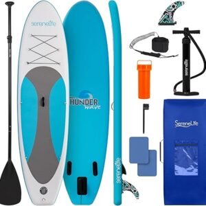 SereneLife Inflatable Stand Up Paddle Board with Premium SUP Accessories – Wide Stable Design with Non-Slip EVA Deck Pad for Adults and Youth of All Skill Levels, 350 lbs Capacity