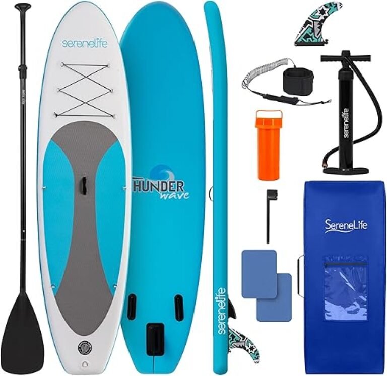 SereneLife Inflatable Stand Up Paddle Board with Premium SUP Accessories – Wide Stable Design with Non-Slip EVA Deck Pad for Adults and Youth of All Skill Levels, 350 lbs Capacity