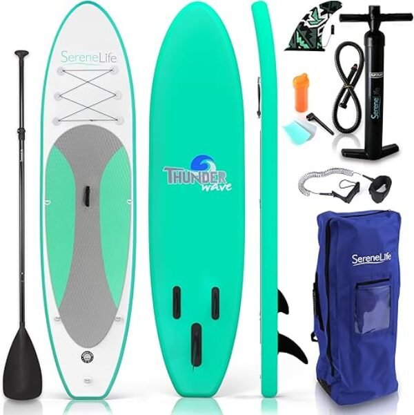 SereneLife Inflatable Stand Up Paddle Board with Premium SUP Accessories – Wide Stable Design with Non-Slip EVA Deck Pad for Adults and Youth of All Skill Levels, 350 lbs Capacity