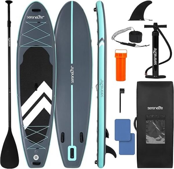 SereneLife Ultra-Light Inflatable Stand Up Paddle Board with Premium SUP Accessories - Extra Wide Stable Design with Non-Slip EVA Deck Pad for Youth and Adults of All Skill Levels - 350 lbs Capacity