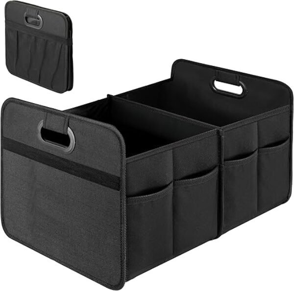 Simple Deluxe Car Trunk Organizer, 2 Compartments Collapsible Trunk Storage, Anti-slip Design, Made of Waterproof 600D Oxford Polyester, Suitable for SUV, Minivan, Truck, Standard Size, Black