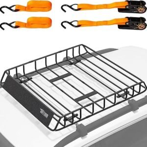 TUFFIOM 46"x 36"x 6" Universal Rooftop Cargo Carrier Basket, Heavy Duty Steel Roof Rack Basket w/4 Straps with Hook, Car Top Rack Luggage Holder Carrier for SUV Car Truck Van