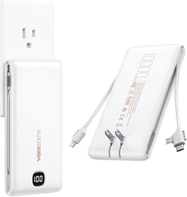 VEEKTOMX Portable Charger with Built in Cables 10000mAh, Power Bank for iPhone with Wall Plug, Travel Essential Fast Charging USB C Slim External Battery Pack for iPhone16/15/14, Samsung, iPad, etc