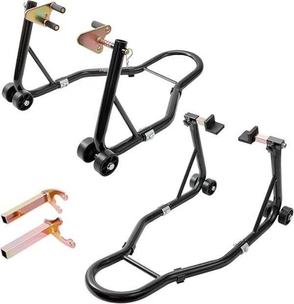 VEVOR Motorcycle Stand Lift 850lbs Front Rear Combo Stand Lift Stand Front Wheel Fork Stand Rear U+L Fork Swingarm Spool Stand Compatible with Most Yamaha Honda Kawasaki Suzuki Motorcycles Black