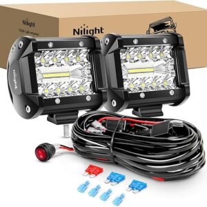 Nilight LED Light Bar 2PCS 60W 4 Inch Flood Spot Combo LED Work Light Pods Triple Row Work Driving Lamp with 12 ft Wiring Harness kit - 2 Leads