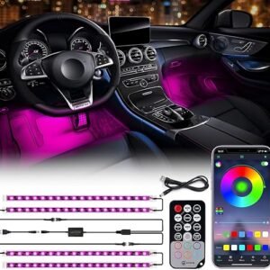 Xprite RGB LED Car Interior Bluetooth USB Light Strip, w/Wireless Remote and APP Control,4 PCS Under Dash Footwell Ambient Lights Kits, DIY Music Mode Universal for Vehicle Internal, SUV, Trucks