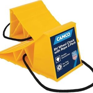 Camco Camper & RV Wheel Chock with Rope - Keeps Trailer in-Place to Safely Unhitch or Park - Compatible with Wheels Up to 26” in Diameter & Molded of Heavy-Duty Hard Plastic - 2-Pack - 44471