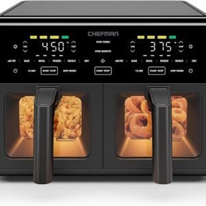 Chefman Dual Air Fryer Oven with DC Motor, 9 Qt. Double Basket Air Fryer with 450°F Max Temp for Meals in Minutes, Bake, Broil, Dehydrate, Reheat for Extra-Crispy Chicken, Fries, and More - Black