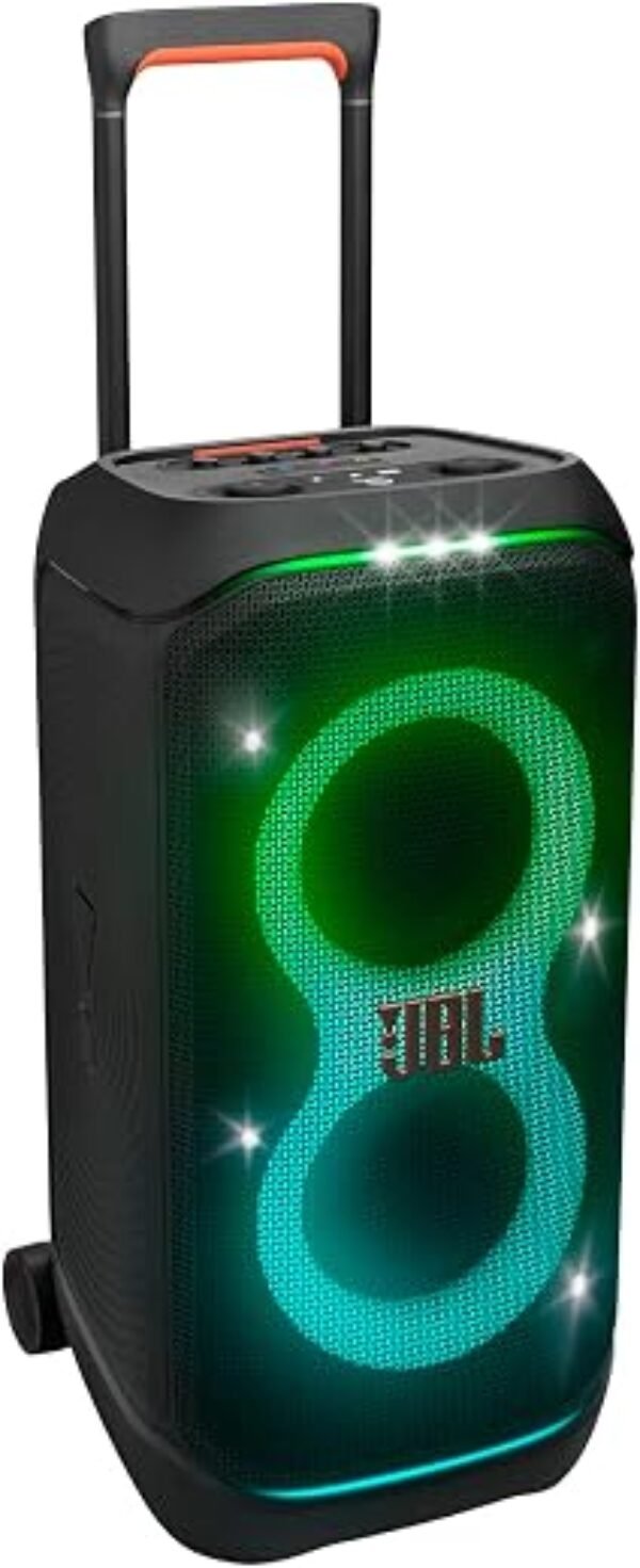 JBL PartyBox Stage 320 - Portable Party Speaker with Telescopic Handle & Wide, Sturdy Wheels, Powerful JBL Pro Sound, Futuristic lightshow, Up to 18 Hours of Play time, Splash Proof (Black)