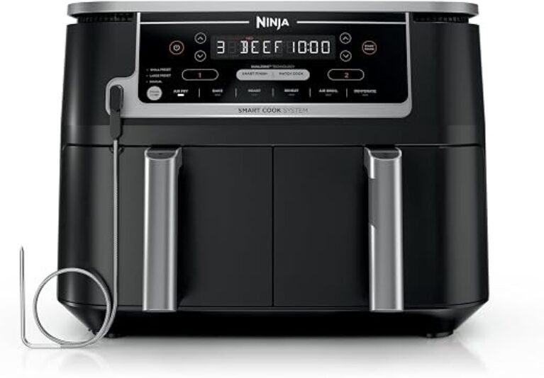 Ninja DZ550 Foodi 10 Quart 6-in-1 DualZone Smart XL Air Fryer, 2 Independent Baskets, Cook Thermometer, Match and Finish to Roast, Dehydrate, Black