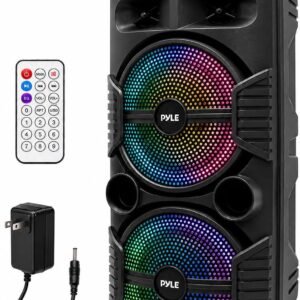 Portable Bluetooth PA Speaker System - 600W Rechargeable Outdoor Bluetooth Speaker Portable PA System w/Dual 8” Subwoofer 1” Tweeter, Microphone in, Party Lights, USB, Radio, Remote - Pyle PPHP2835B