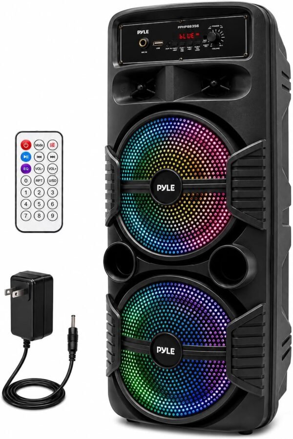 Portable Bluetooth PA Speaker System - 600W Rechargeable Outdoor Bluetooth Speaker Portable PA System w/Dual 8” Subwoofer 1” Tweeter, Microphone in, Party Lights, USB, Radio, Remote - Pyle PPHP2835B